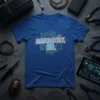 Blue t-shirt with "IMMEDIATELY, NO." in neon-style text over a green circuit board graphic