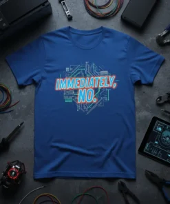 Blue t-shirt with "IMMEDIATELY, NO." in neon-style text over a green circuit board graphic