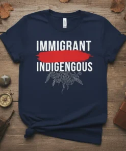 Immigrant Indigenous t-shirt with white text and a red brush stroke, featuring indigenous feather graphics