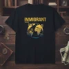 Black t-shirt with the word IMMIGRANT in gold, and a gold and blue gradient globe with passport stamps around it