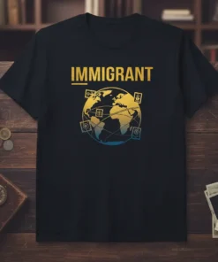 Black t-shirt with the word IMMIGRANT in gold, and a gold and blue gradient globe with passport stamps around it