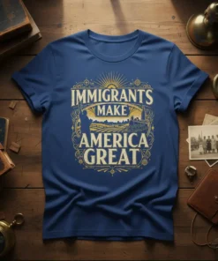 Immigrants Make America Great text design with Statue of Liberty and train graphic on a blue t-shirt