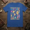 Blue t-shirt with "Immigrants Make America Great" text and a colorful globe graphic surrounded by flowers and cultural symbols
