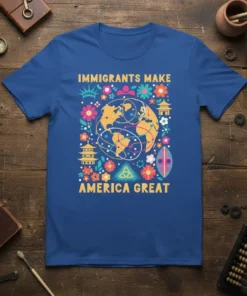 Blue t-shirt with "Immigrants Make America Great" text and a colorful globe graphic surrounded by flowers and cultural symbols