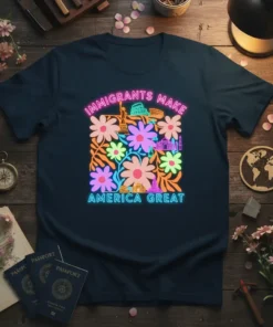 Immigrants Make America Great text with colorful floral and landmark graphics on a navy t-shirt