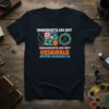 T-shirt with text "Immigrants Are Not Criminals But The President Is" in bold, colorful lettering, featuring floral and thorny crown