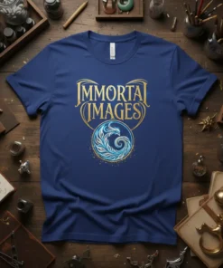 Immortal Images T-Shirt with a golden frame and a swirling blue and white mythical creature graphic