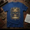 Immortal skull graphic t-shirt with ornate golden details and glowing blue eyes, set against a navy blue shirt