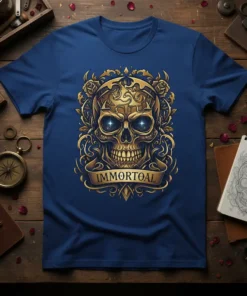 Immortal skull graphic t-shirt with ornate golden details and glowing blue eyes, set against a navy blue shirt