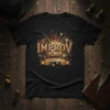 Black t-shirt with "IMPROV LA IMPROV LA" text in gold and red, surrounded by theatrical masks and fireworks graphic