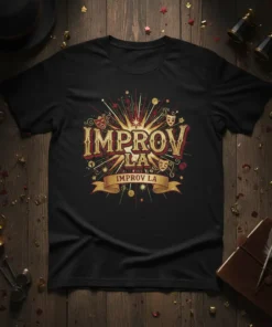 Black t-shirt with "IMPROV LA IMPROV LA" text in gold and red, surrounded by theatrical masks and fireworks graphic