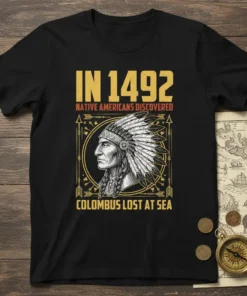 T-shirt design with text "IN 1492 NATIVE AMERICANS DISCOVERED COLUMBUS LOST AT SEA" and a portrait of a Native American