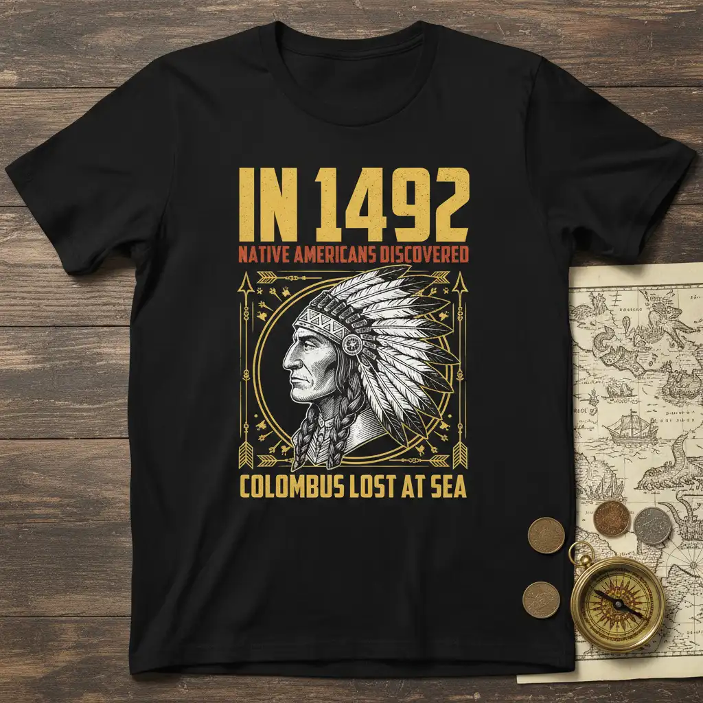 In 1492 Native Americans Discovered Columbus Lost At Sea quote with Native American chief portrait graphic on black t-shirt