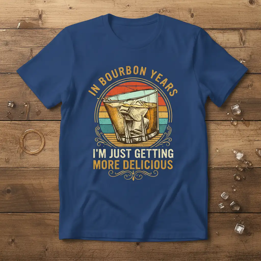 In Bourbon Years I'm Just Getting More Delicious text with whiskey glass graphic on a vintage style t-shirt