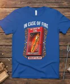 In Case of Fire Break Glass T-Shirt featuring a graphic of a red fire alarm box with a burning marshmallow