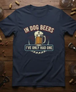 Navy t-shirt with "In Dog Beers I've Only Had One" text and a beer mug graphic with a paw print