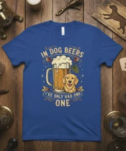 In Dog Beers I've Only Had One One t-shirt design featuring a golden retriever, a mug of beer, and hops