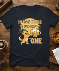 Golden retriever wearing a green hat holding two beers with text "In Dog Beers I've Only Had One One"