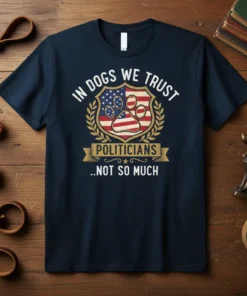 In Dogs We Trust Politicians Not So Much t-shirt with American flag paw print graphic and laurel wreath
