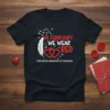 Black t-shirt with "In February We Wear Red" text and red heart graphic for Hypertrophic Cardiomyopathy Awareness