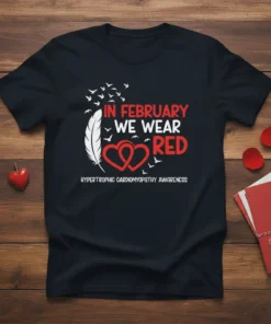 Black t-shirt with "In February We Wear Red" text and red heart graphic for Hypertrophic Cardiomyopathy Awareness