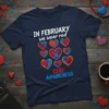 In February We Wear Red CHD Awareness T-Shirt with red and blue hearts and a blue awareness ribbon