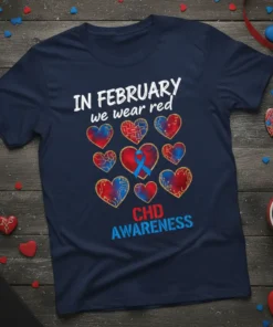 In February We Wear Red CHD Awareness T-Shirt with red and blue hearts and a blue awareness ribbon