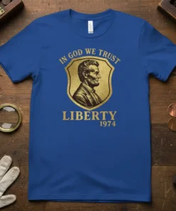 In God We Trust Liberty 1974 T-Shirt with Abraham Lincoln portrait and shield graphic