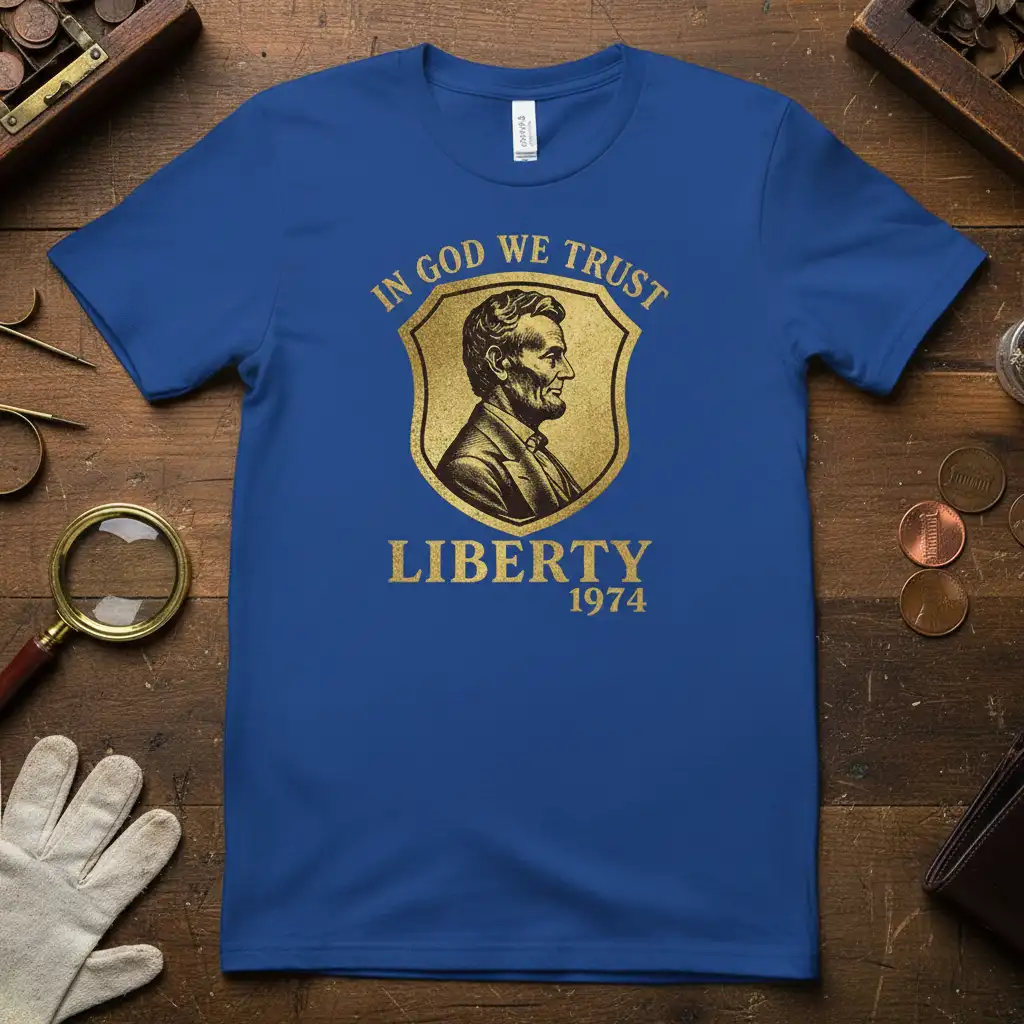 In God We Trust Liberty 1974 text and Abraham Lincoln portrait on a royal blue t-shirt