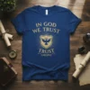 In God We Trust Trust religious t-shirt design with a shield and dove emblem