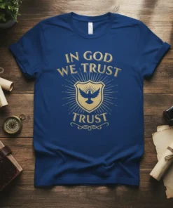 In God We Trust Trust religious t-shirt design with a shield and dove emblem