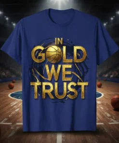 Basketball fan t-shirt with "IN GOLD WE TRUST" text and basketball graphic, dark blue color