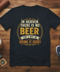 Funny "In Heaven There Is No Beer That's Why We Drink It Here!" quote t-shirt design with distressed typography