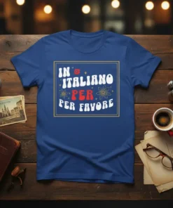 In Italiano Per Favore Italian phrase t-shirt with retro floral design and bold typography