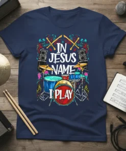 In Jesus Name I Play t-shirt featuring a drum set, drumsticks, and speakers with colorful accents