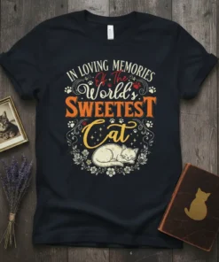 In Loving Memories Of The World's Sweetest Cat text design with sleeping cat graphic on a black t-shirt