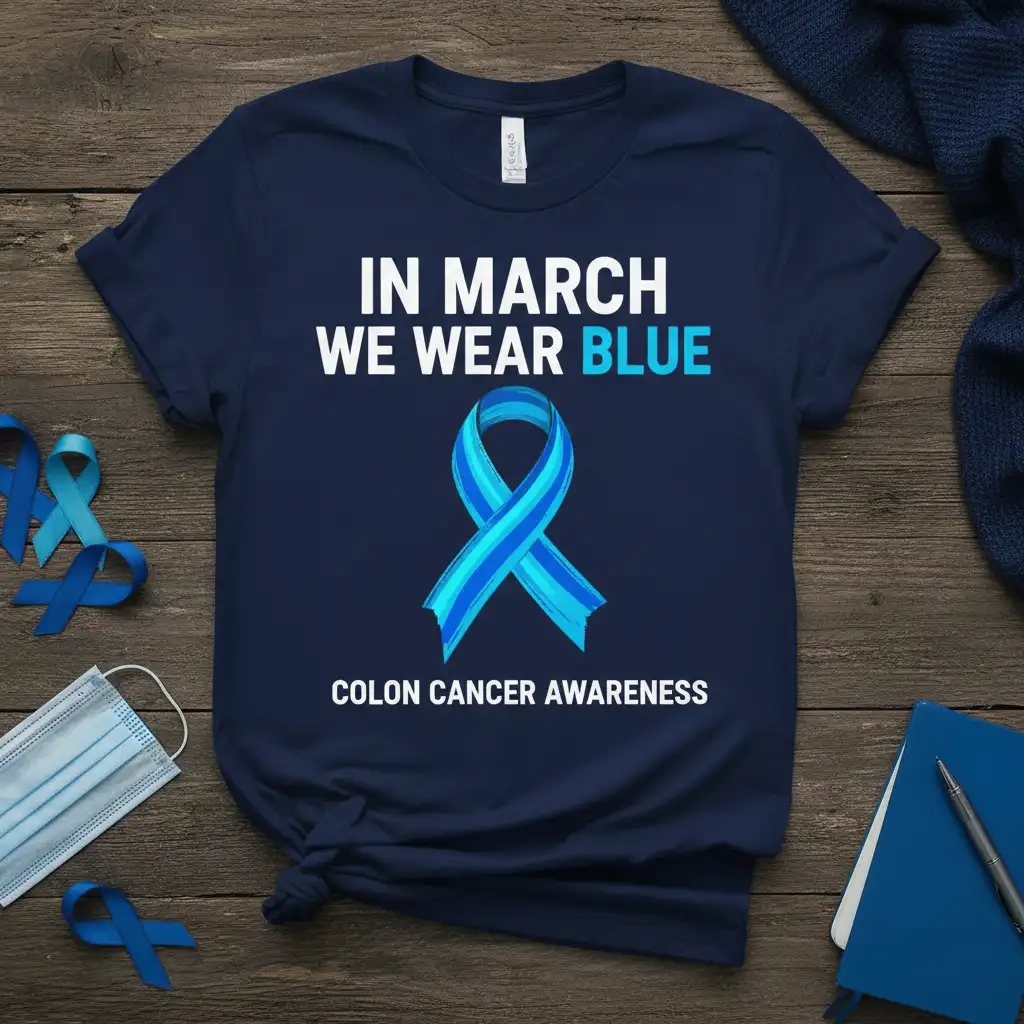 In March We Wear Blue Colon Cancer Awareness T-Shirt design with blue ribbon graphic