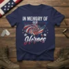 Navy blue t-shirt with "In Memory Of Our Heroes" text and a stylized American flag map design