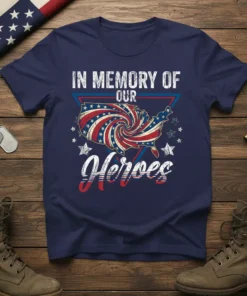 Navy blue t-shirt with "In Memory Of Our Heroes" text and a stylized American flag map design