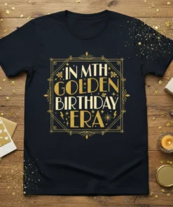 Golden Birthday Era t-shirt design with "IN MTH GOLDEN BIRTHDAY ERA" text in decorative gold font
