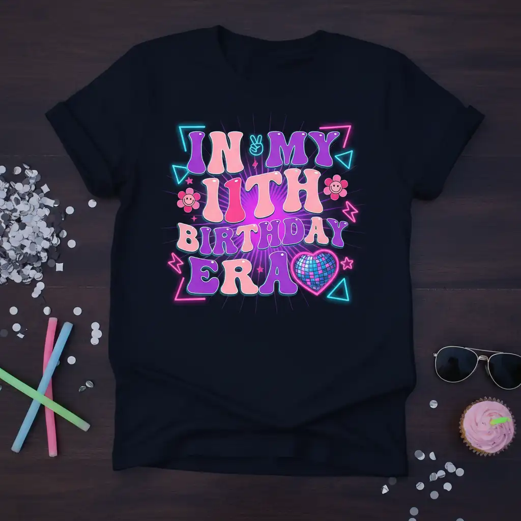 In My 11th Birthday Era text in neon retro font with disco heart and 11th birthday graphics