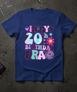 In My 20th Birthday Era t-shirt design with vibrant tie-dye, leopard print, and disco ball graphics