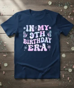 In My 9th Birthday Era t-shirt with pastel gradient text and butterfly graphics for a birthday girl
