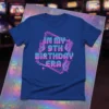In My 9th Birthday Era t-shirt with neon pink and blue design and butterflies
