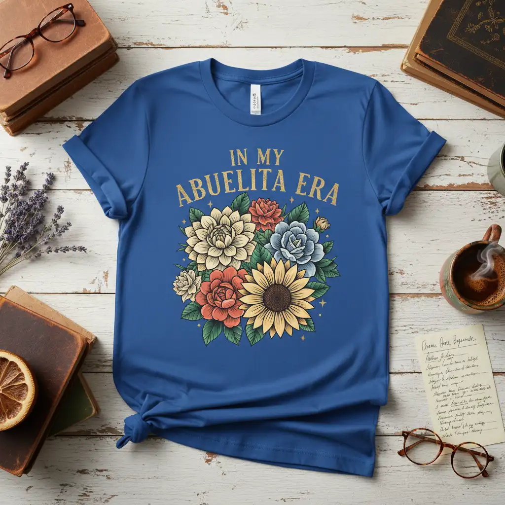 In My Abuelita Era phrase in gold lettering above a detailed floral arrangement on a blue t-shirt