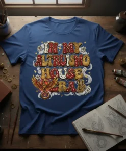 In My Altruismo House Era text with phoenix graphic and peace sign on a blue t-shirt