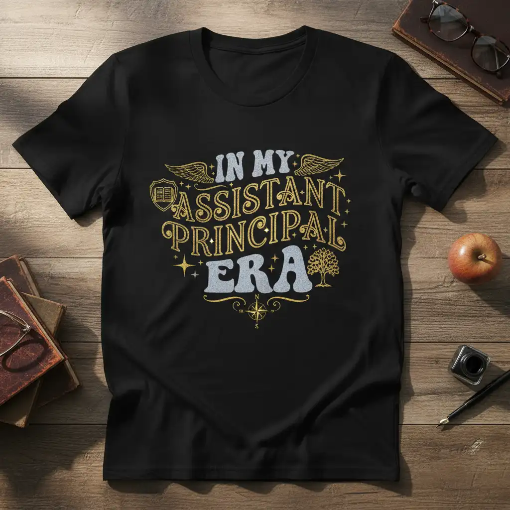 In My Assistant Principal Era quote t-shirt with glitter text, wings, and school-themed graphics