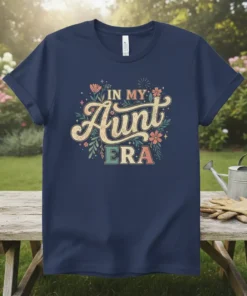 Retro floral "In My Aunt Era" text design on a navy blue t-shirt, perfect for aunts
