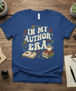 In My Author Era text with open book and coffee cup graphic on a blue t-shirt