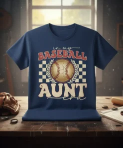 T-shirt with "in my BASEBALL AUNT era" text and baseball graphic, checkerboard pattern background
